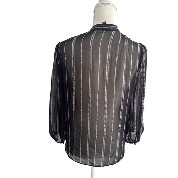 WHITE HOUSE BLACK MARKET WHBM Black White Striped Sheer Ruffle Blouse Size S - Picture 3 of 9